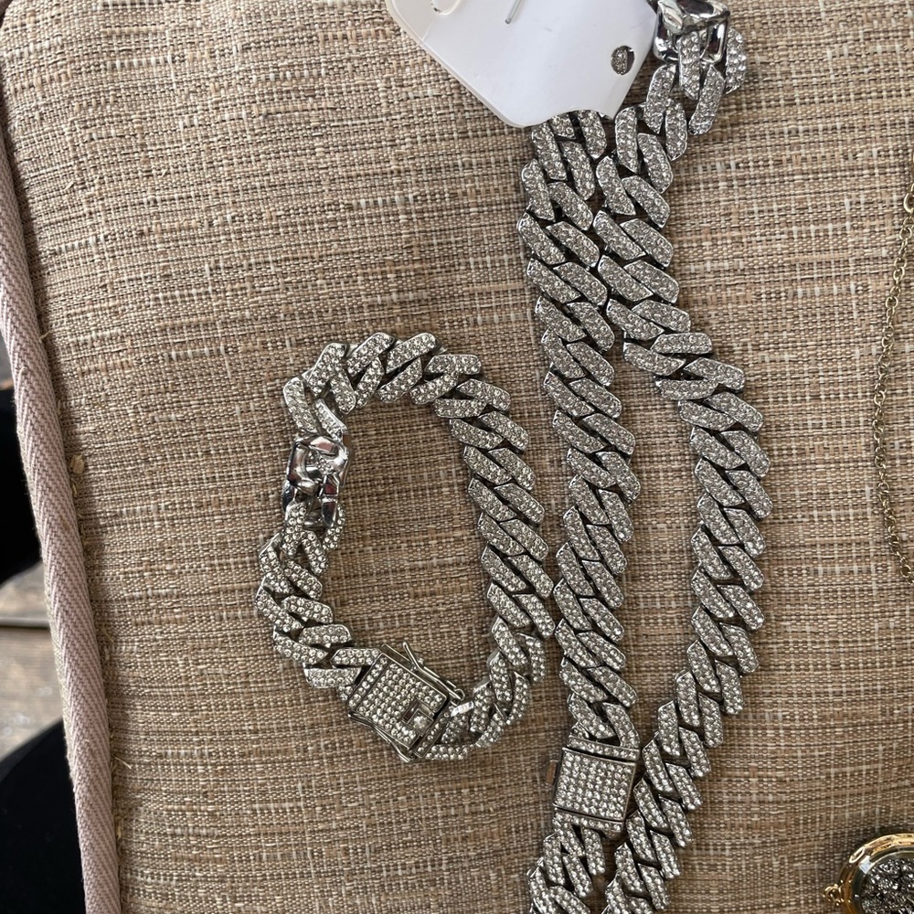 Silver Pavé Cuban Link Necklace and Bracelet Set